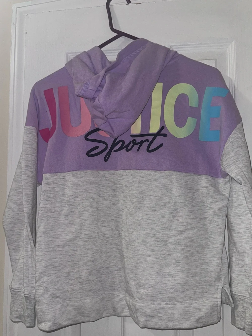 Justice Sport Girls Colorblock Pullover Hoodie Purple Gray Size M 10